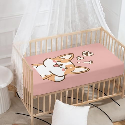 Image of Cute Corgi Crib Sheets for Baby Girls Crib Sheets for Standard Crib Mattress Cover Breathable Soft Fitted Crib Sheet (28''x 52'') Crib Sheets, Pink, Puppy Dog, BZA16