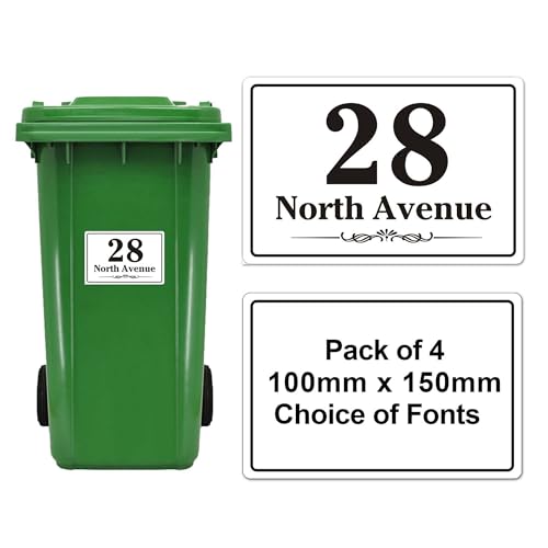 EDSG 4 x Wheelie Bin Stickers Bin Numbers for Wheelie Bins Personalised Wheelies Bins Numbers Stickers Custom Number Sticker with House Number Street Name (Design 1)