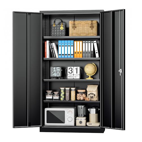 INTERGREAT Black Metal Storage Cabinet Doors, 72' Locking Steel Storage Cabinet with Shelves, Tall Metal Cabinet Lockable Steel Cabinets for Home Office, Garage