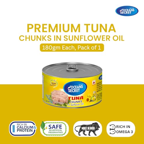 Image of Oceans Secret Tuna Chunks in SunflowerOil 180gm Pack of 1 Canned Tuna Fish Balanced Nutrition, Heart Healthy, in Sunflower Oil, Premium Cuts Ready to Eat