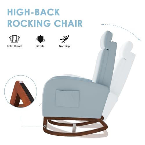 Image of Rocking Chair Nursery High Back Rest Glider Rocker with Footrest Nursing Rocking Chairs Upholstered Accent Arm Chair for Living Room Bedroom Indoor, Light Blue