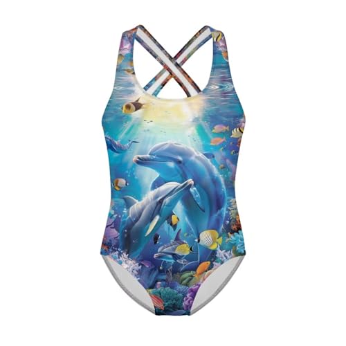 Image of WELLFLYHOM Girls Bathing Suits One Piece 5-14 Kids Full Coverage Swimsuits Cross Back Summer Swimwear for Beach Holiday