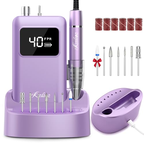 Image of Kredioo Professional Nail Drill Brushless 40,000RPM Rechargeable 2-in-1 Portable Electric Nail File Ultra Silent Salon Must Haves Nail Tool Kit Removing Acylic Gels-Purple