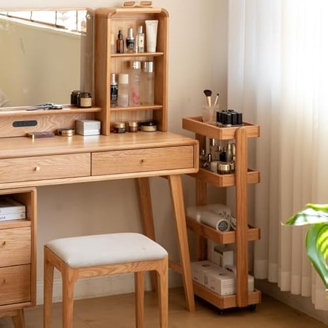 100% Solid Oak Art Storage Cart, 4-Tier Rolling Utility Cart with Wheels, Multifunctional Storage Trolley Shelving Unit on Wheels for Living Room Kitchen(Natural, 7.87D x 23.62W x 31.89H)-JqBM7zZX