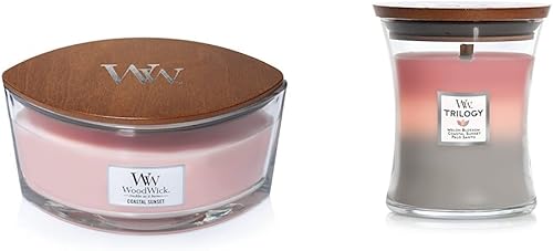 Woodwick Ellipse Vela perfumada, Coastal Sunset, 16 onzas, hasta 50 horas de tiempo de combustión y vela Shoreline de trilogía de reloj de arena