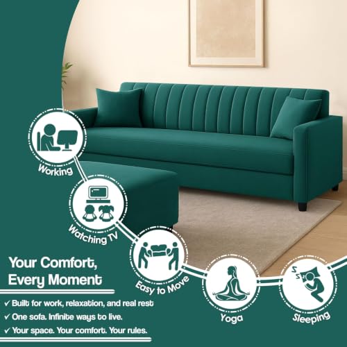 Image of 3+2 Fabric Wooden Sofa Set with Ottoman for Living Room | Modern Upholstered 5-Seater Couch | Soft Cushion, Premium Velvet Fabric-Green
