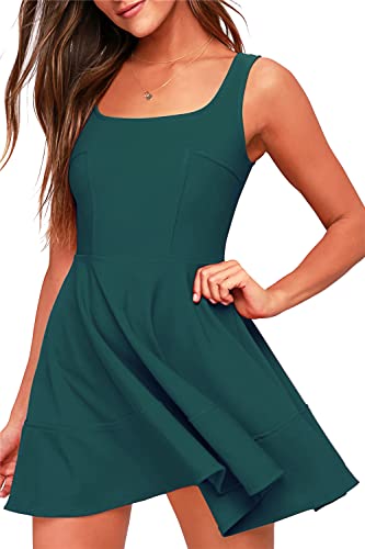 Image of FANCYINN Women's Short V-Back Dress U-Neck Inslace Hem Wide Straps Tank Mini Skater Cocktail Dresses