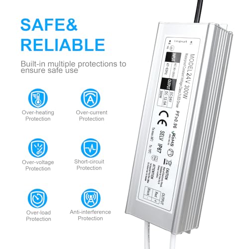 Image of LightingWill LED Driver 300 Watts Waterproof IP67 Power Supply Transformer, 110-260V AC to 24V DC Low Voltage Output, Adapter with 3-Prong Plug 3.3 Feet Cable for Outdoor Use, Computer Project