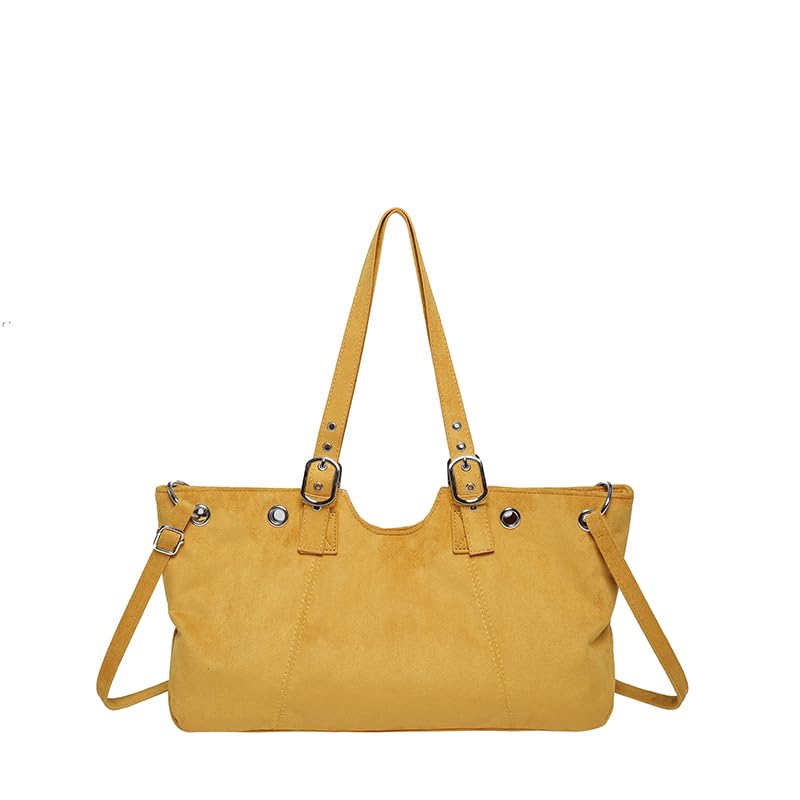 HTU Bolso de hombro de color sólido de gamuza sintética para mujer para uso diario en el trabajo escolar (amarillo)