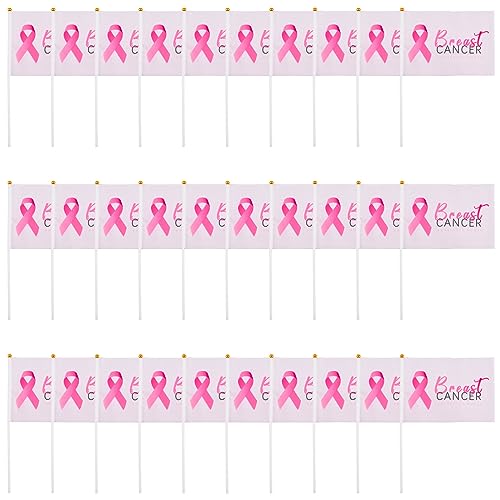 WANDIC Juego de 30 banderas temáticas de cinta rosa, banderas de concienciación sobre el cáncer de mama, banderas de mano para decoraciones de fiesta de caridad, M
