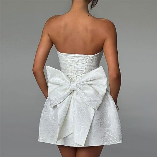 Image of BNGD Women's Solid Color Bustier Backless Bow Dress Sexy Jacquard Strappy Mini Skirt
