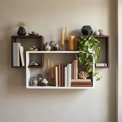 Image of Modern Geometric Floating Wall Shelf - Wall Mounted Decorative Display Shelves for Living Room, Bedroom & Office | Wooden Wall Shelf for Home Decor, Books, Plants & Showpieces (Brown & White)