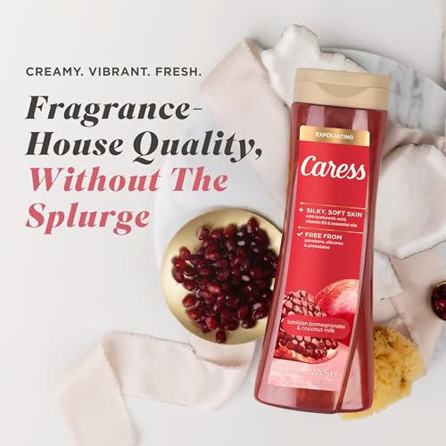 Image of Caress Tahitian Pomegranate & Coconut Milk Exfoliating Scrub Body Wash with Hyaluronic Acid & Vitamin B3 for Moisturized, Silky Soft Skin, Long-Lasting Fragrance, 20 fl oz (4 Pack)