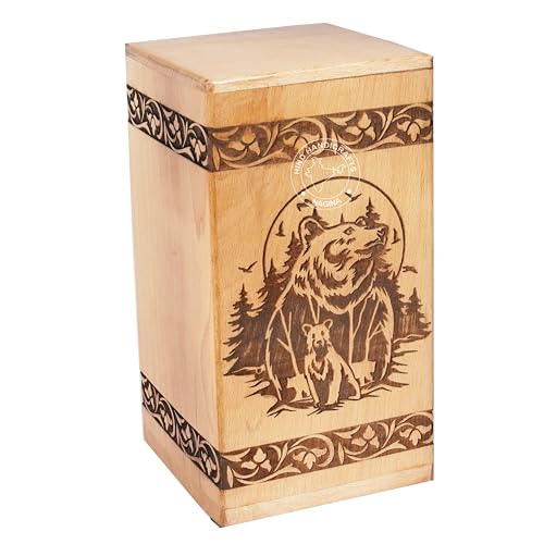 Image of Handcrafted Floral Engraved Wooden Urns for Human Ashes Adult Large - Cremation Urn for Ashes - Burial Urn for Columbarium - Funeral Urn Box (Beer Forest, 250 LB - Beechwood)