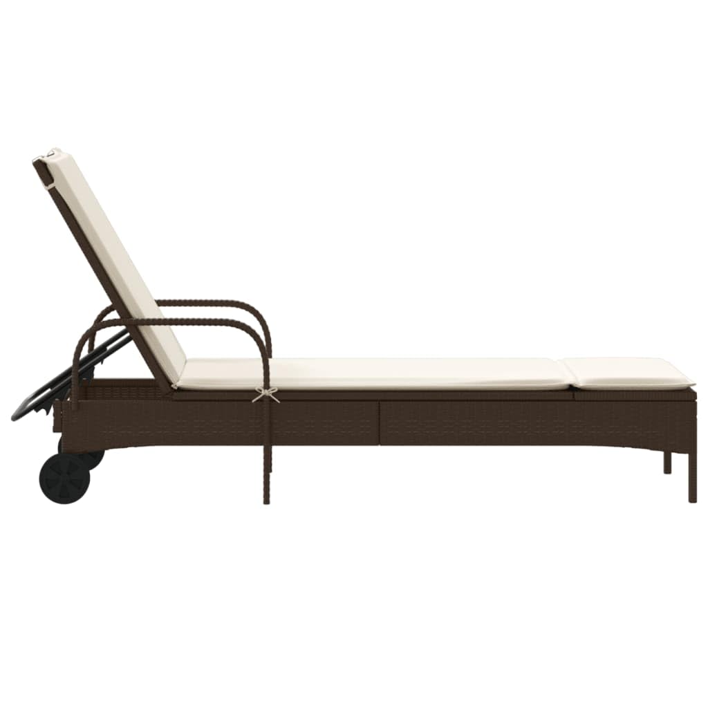 Lettino prendisole regolabile con ruote, lettino da giardino con rivestimento rimovibile e cuscino in polyrattan, lettino prendisole con ruote e cuscino, marrone