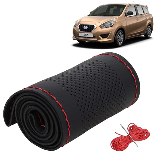 Image of KINGSWAY PU Leatherite Car Steering Cover Sewable Compatible with Datsun Go Plus (Year 2014 Onwards), Black Color with Red Thread, Pack of 1 with Sewing Needle and Thread