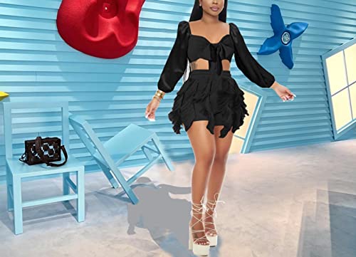 2 Piece Outfits Workout Sets For Women - Vestidos Casuales Juveniles V Neck Tie Front Long Sleeve Crop Tops Fringe Tassel Biker Shorts Sets Beach Vacation Rave Outfits Black, Medium #TOP2