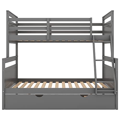 Merax Trundle Bunk Bed, Twin Over Full Wood Bunk Bed With Twin Size Trundle, Solid Wood Bunk Bed Frame With Guardrail And Ladder, Grey #TOP6