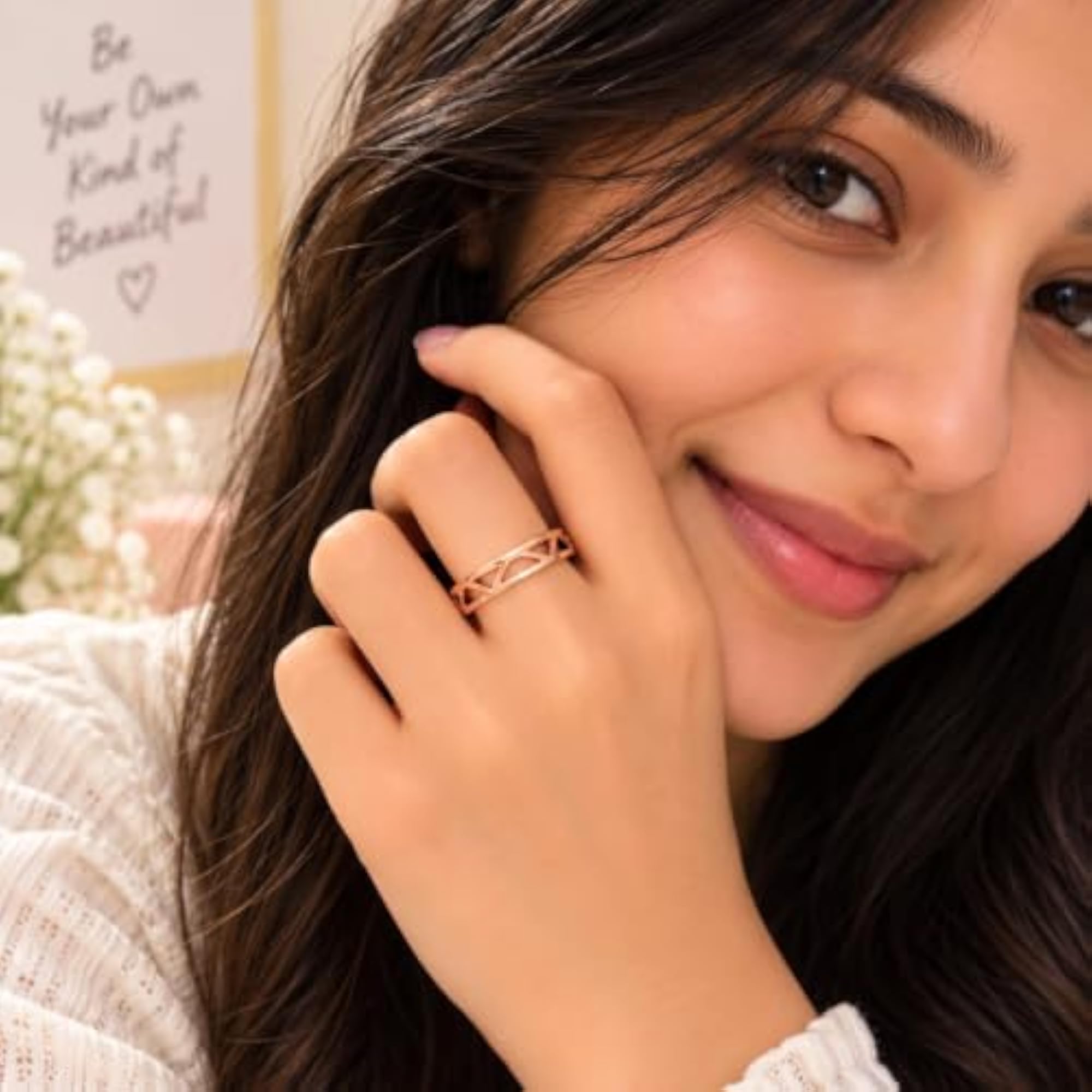 Rose Plated Geometric Crisscross Adjustable Ring, Stylish