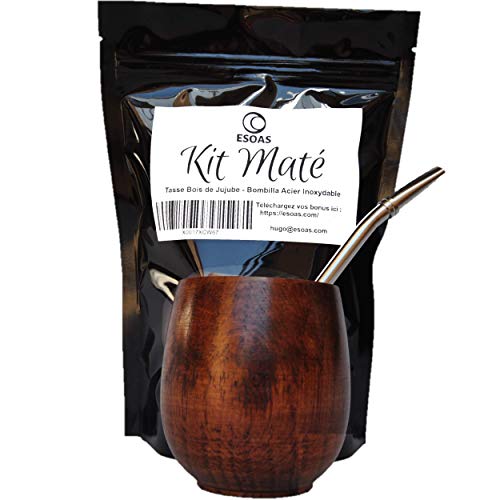 ESOAS - Calzoncillos mate Bombilla, paja de acero inoxidable filtrante reutilizable y taza de madera, kit Yerba Mate ideal para iniciar, degustación, té, Argentina, regalo de viaje