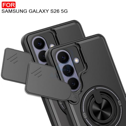 Image of AESTMO Samsung Galaxy S26 5G Back Cover | Armor Camera Slider 360 Degree Rotating Finger Ring Holder Case with Bracket Stand Back Case Cover (Compatible with MagSafe Accessories) (Black)