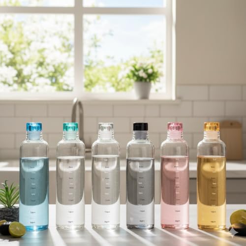 Image of Borosilicate Glass Water Bottle 500ml Pack of 6 - Leak Proof Airtight Cap | Time Marker | BPA Free Fridge Bottle for Office, Gym, School, Travel | Reusable Multicolor Set (Multicolor)
