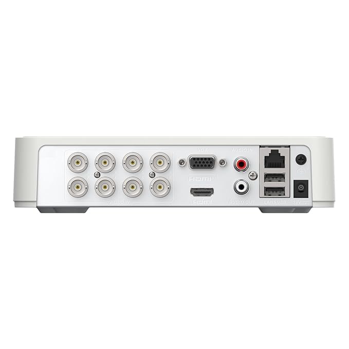 Rear view of the Hikvision DS-7108HGHI-M1/T DVR, showing various input and output ports including BNC video inputs, VGA, HDMI, Audio In/Out, LAN, USB, and power input.