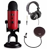 Blue Microphones Yeti Red USB Microphone Bundle with Studio Headphones and Knox Pop Filter