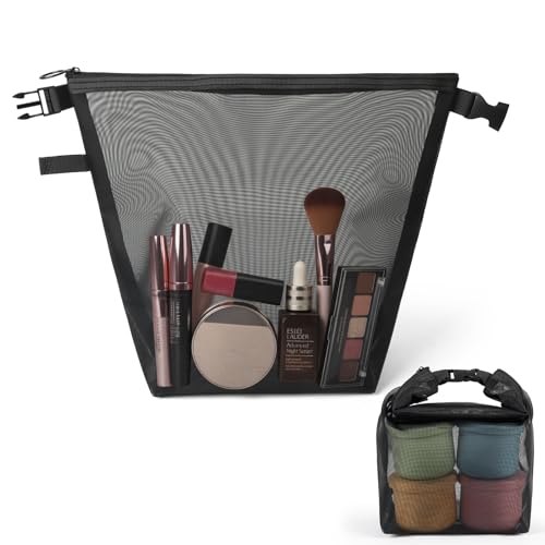 besharppin Mesh Cosmetic Bag Stuff Mesh Makeup bag Mesh Makeup Pouches with Buckle Handle Travel Essentials Beauty Bag (Black)