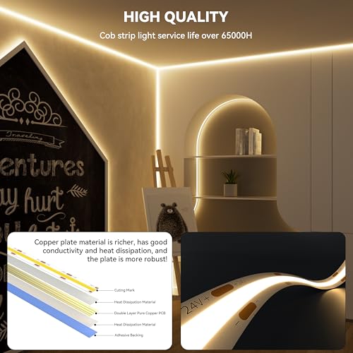 PAUTIX LED Strip Warm White 20ft/6.1m,Smart LED Strip Light Kit Compatible with Alexa/Google Assistant,Dimmable 24V 3000K COB LED Strip Light for Bedroom,Kitchen,Cabinet,Mirror,Sunroom - Image 4