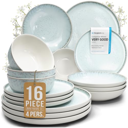 16 Piece Stoneware Dinnerware Set for 4, Handmade Plates and Bowls Set