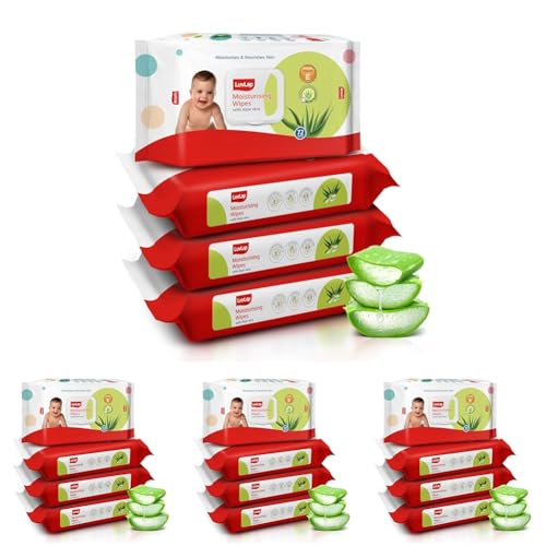 Image of LuvLap Moisturising Wet Wipes with Lid for Baby Skin, Enriched with Aloe Vera, Vitamin E & Chamomile Extract, pH Balanced, Dermatologically Safe, Paraben & Sulphate Free, 72 Wipes, Pack of 16