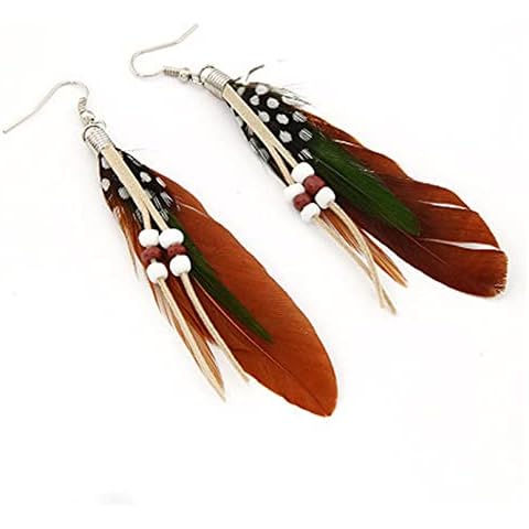 MNSYD Bohemia Handmade Natural Goose Feather Beads Tassel Dangle Earrings Exquisite Ornament Party Birthday Wedding Jewelry Accessories Gift for Women Teen Girls Mother Girlfriend,brown Cover