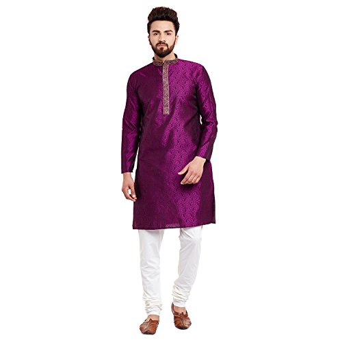 Image of Sojanya (Since 1958 Men's Red Jacquard Silk Kurta & Churidaar Pyjama