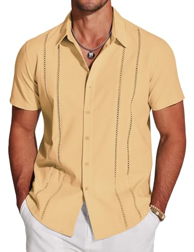 COOFANDY Mens Short Sleeve Cuban Guayabera Shirt Casual Summer Beach Button Down Shirts Yellow