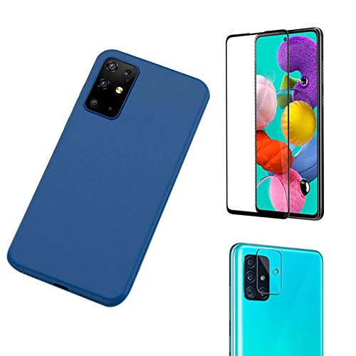 Capa Silicone Macio Colorido Azul Galaxy A51 + Película 3D Vidro 100% + Película de Câmera Lente