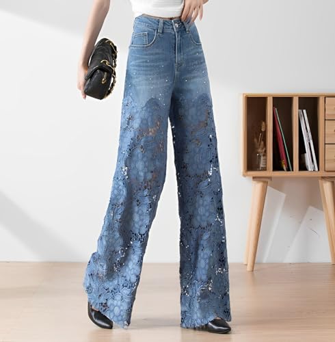 Women's Summer Lace Hollow Patchwork Ripped High Waisted Jeans Casual Vintage Baggy Straight Wide Leg Denim Pants2