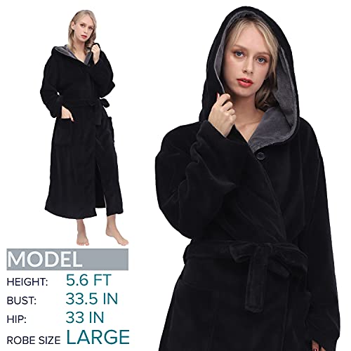 Seakanana Women's Large Hooded Black Long Bathrobe With Chest Button,Lightweight Fleece Soft House Coat M #TOP1