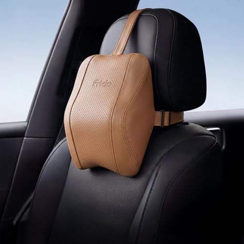 Image of Frido Premium Car Neck Rest Pillow with Ergonomic Memory Foam Headrest Cushion and Luxe Leatherette Cover, Comfortable Neck Support for Driving, Relieves Neck Pain for Long Drives and Travel | Tan