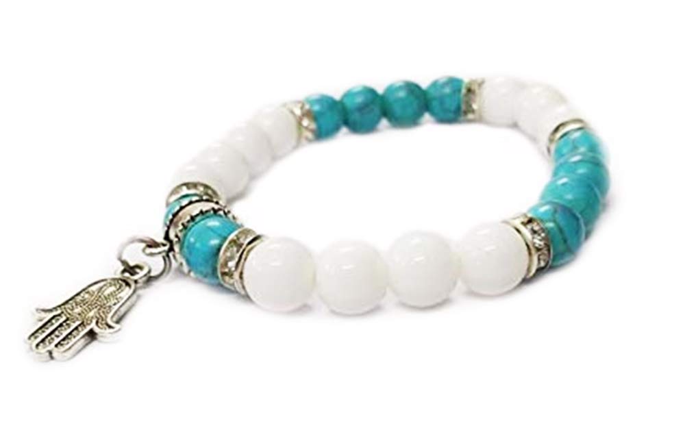 Turquoise Firoza & White Hakik Agate Bracelet with Hamsa Palm Hand Charm for Men & Women | Certificate of Authenticity Natural Crystal Healing Gemstone | Pack Of 1
