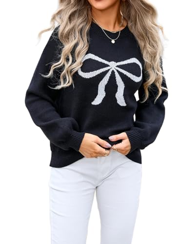 Image of Women's Cute Bow Print Sweater Crewneck Loose Long Sleeve Pullover Knitted Jumper Top
