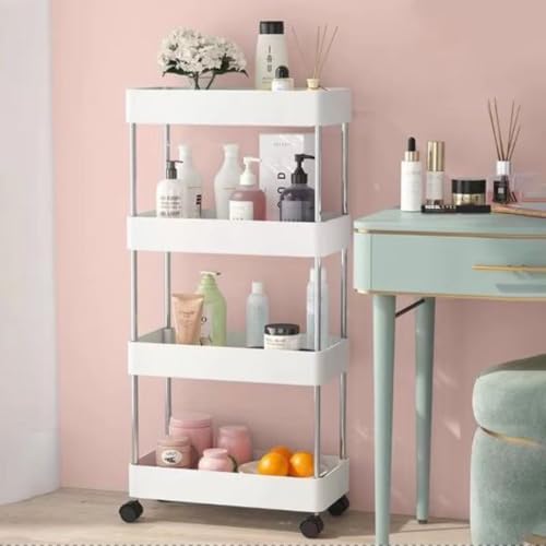 Image of AEXONIZ TOYS Plastic Kitchen Storage Trolley Rack with Wheels, Slide Out Rolling Utility Cart Storage Shelves, Space Saving Home Storage Organizer Racks (White, 4 Layer)