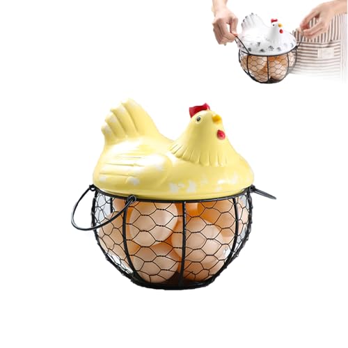 Farmhouse Metal Egg Basket with Chicken Lid (Yellow)