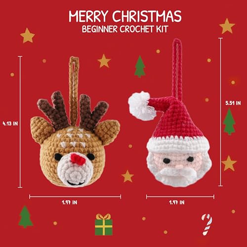 Image of HOUSE CREATIVITY Christmas Crochet Kit for Beginners - Make Santa Claus & Reindeer Ornaments, Amigurumi Crochet Starter Kit with Video Tutorial, Yarn & Hook, DIY Holiday Tree Decor Gift