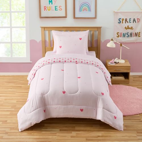 Image of Heart Comforter Set Twin Size for Girls - Soft Pink Bed in a Bag with Sheets, Pillowcases & Shams - Cute Kids Bedding with Love Hearts Design - Cozy Microfiber for Child or Tween Bedroom Decor
