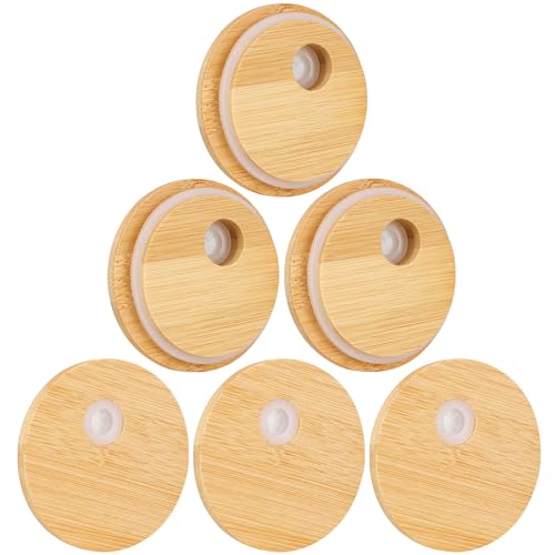 Lot de 6 couvercles en bambou avec trou pour paille - Pour gobelets en verre à ouverture normale - Convient pour les tasses de 58 mm de diamètre intérieur