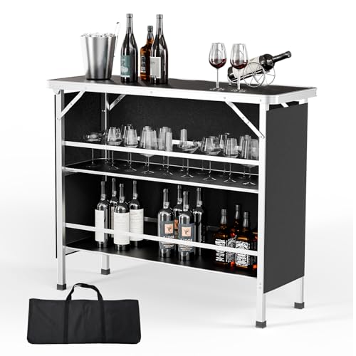 VINGLI 43 Portable Bar Table 3-Tier Shelves Mobile Bar Table for Events Party Camping Picnic Tradeshow Indoor with Black Skirt(1 43)