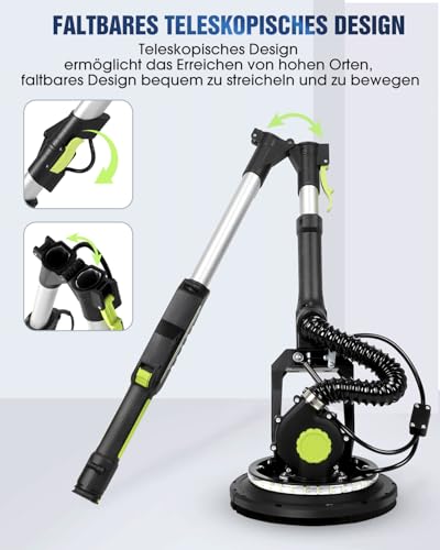 Trockenbauschleifer 900W, Wandschleifer & Deckenschleifer mit Absaugung, 1800 U/min, 6-Stufen Geschwindigkeit, Klappbarer Teleskopstiel, LED-Leuchte, inkl. 12 Schleifblättern