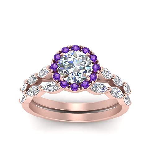 Pierre de naissance anneaux de mariage rond et marquise halo plaqué or rose