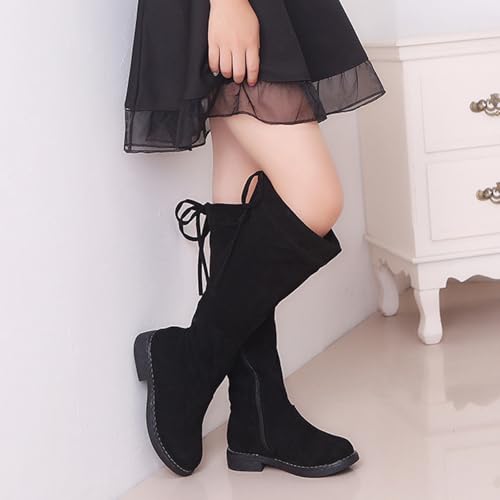 Girls' Youth Side Zipper Back Tie String Suede Knee High Long Boots Fur-Lined Over The Knee Winter Booties4